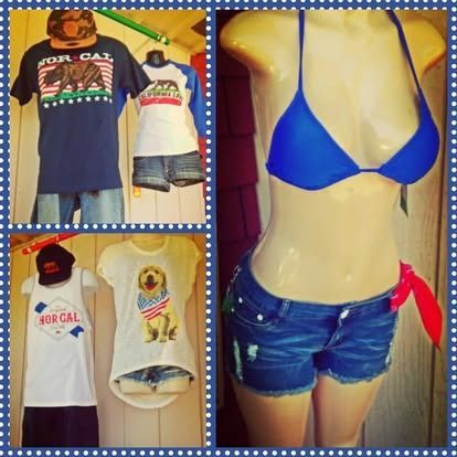 Clothing display: California themed t-shirts and denim shorts on mannequins, with a blue bikini.