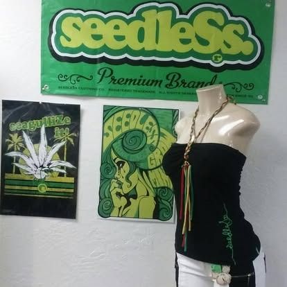 Shop display with Seedless brand merchandise: banner, art, black tube top on a mannequin.