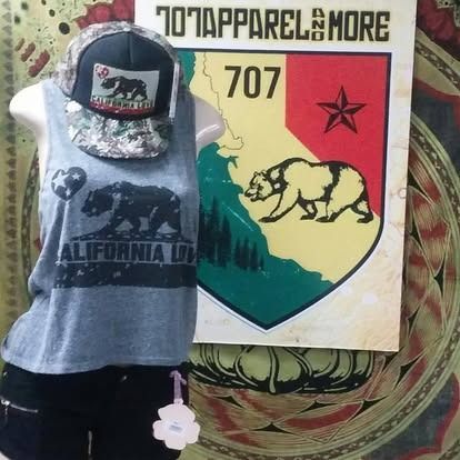Mannequin wearing a California-themed tank top and cap next to a 707 Apparel sign.