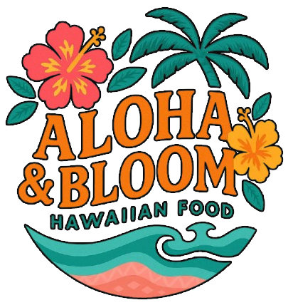 Logo for Aloha & Bloom Hawaiian food. Orange text with hibiscus flowers, palm tree, waves in turquoise and pink.