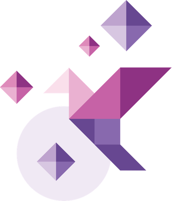 A stylized purple origami bird in flight surrounded by four small diamonds on a white background.