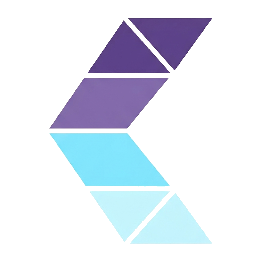 A geometric logo shaped like a chevron, featuring a gradient from dark purple to light blue, made of stacked segments.