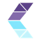 A geometric logo shaped like a chevron, featuring a gradient from dark purple to light blue, made of stacked segments.