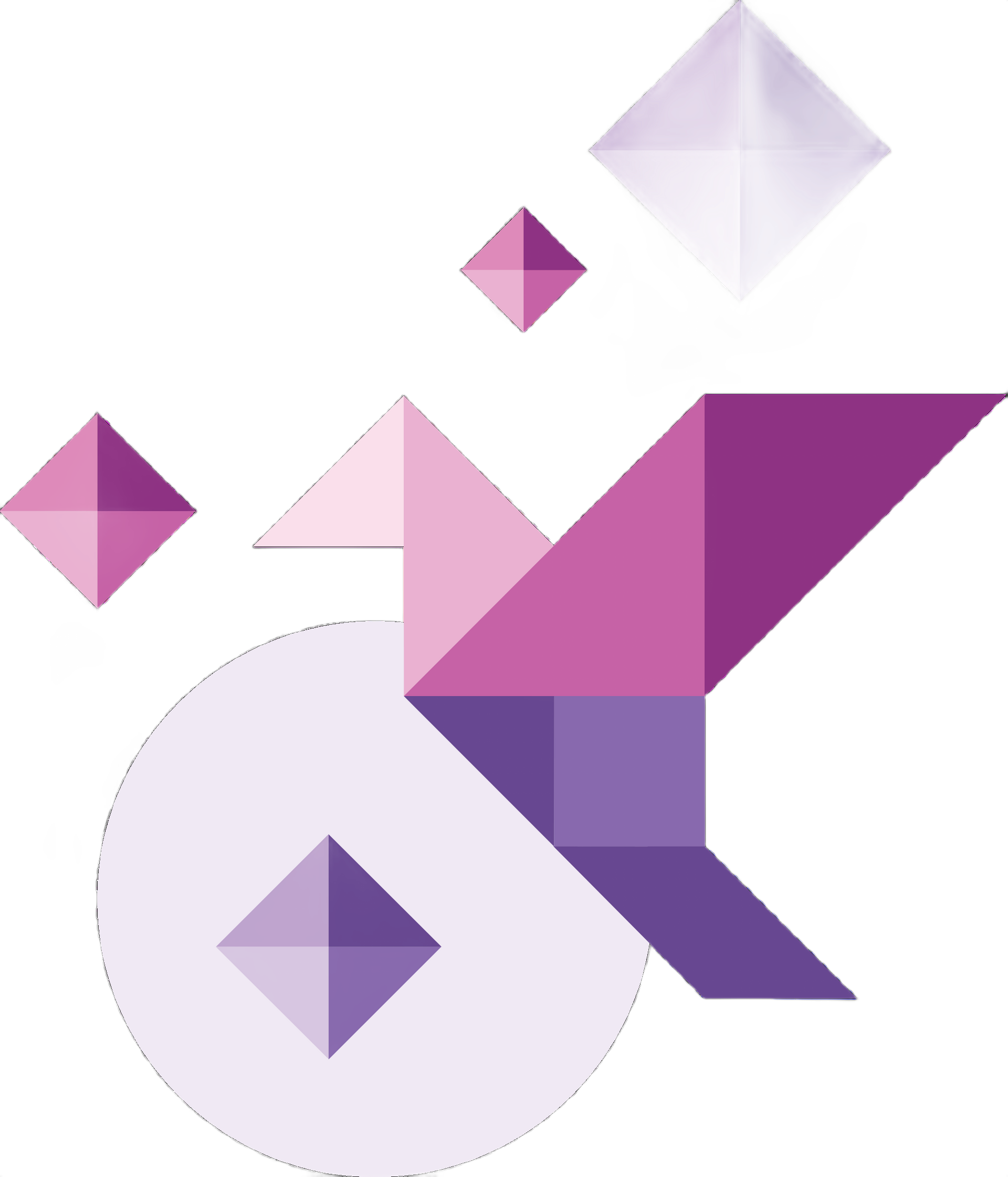 A stylized purple and pink origami bird flying above a circle, surrounded by geometric diamond shapes.
