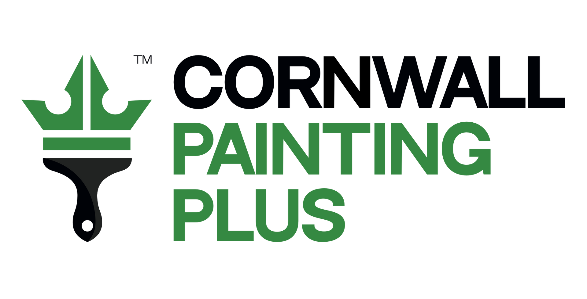 The logo for corwall painting plus shows a brush with a crown on it.