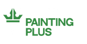 The logo for painting plus is green and has a crown on it.
