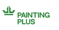 The logo for painting plus is green and has a crown on it.