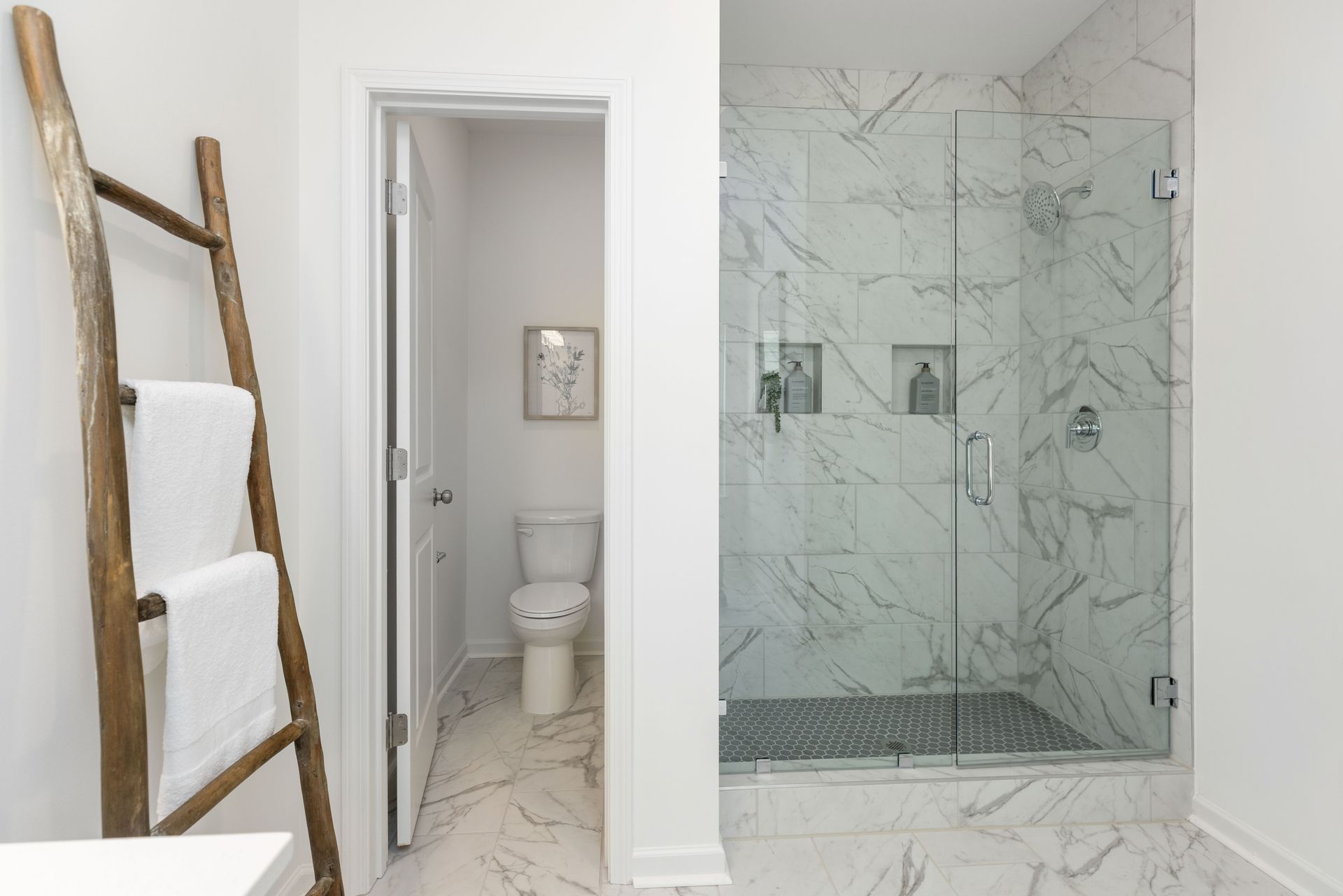 A bathroom with a toilet and a walk in shower.