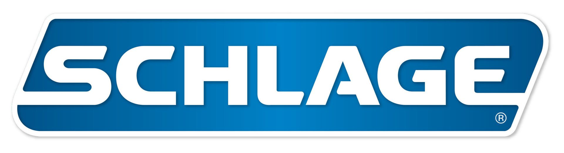 A blue and white schlage logo on a white background