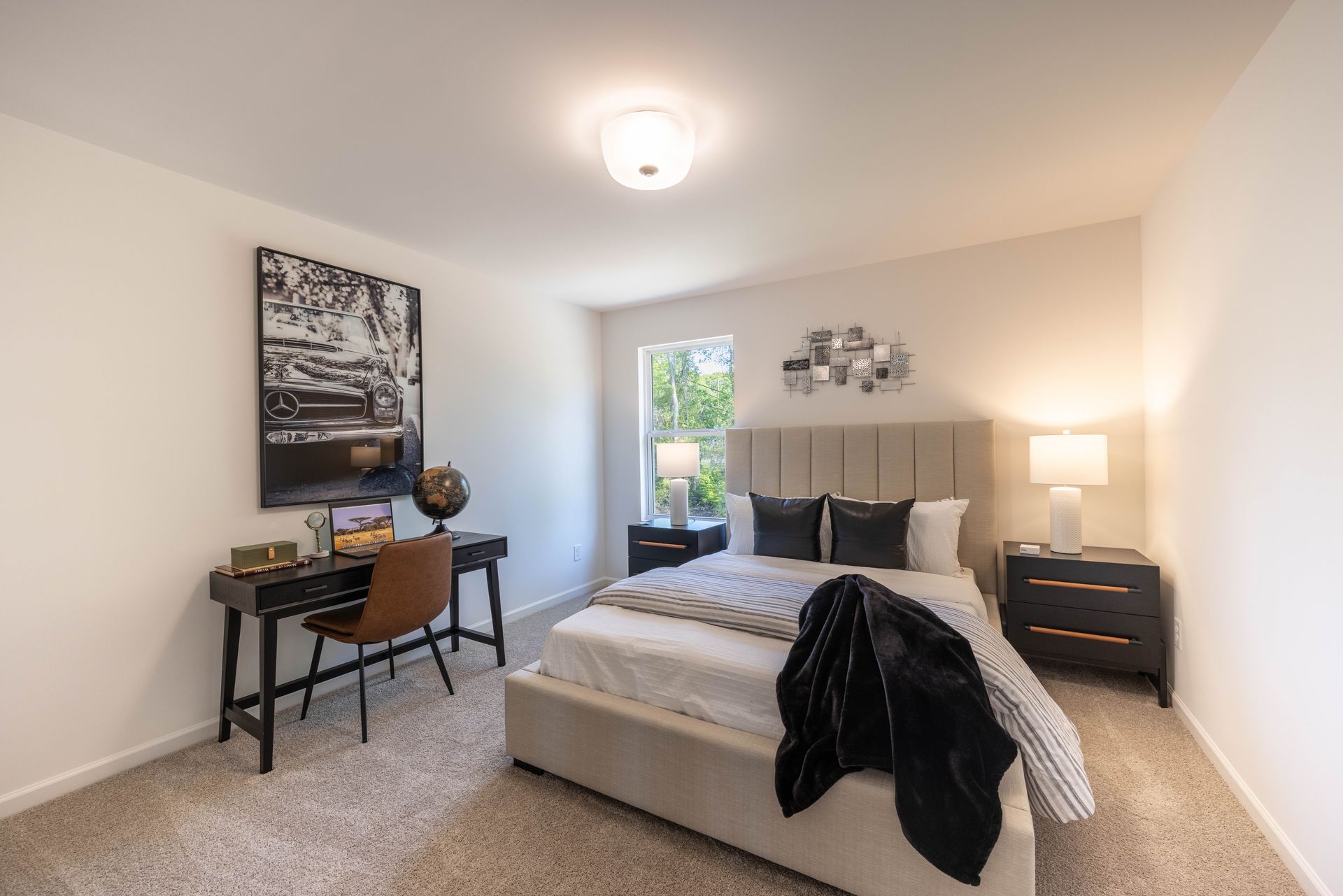 A bedroom with a bed , desk and nightstand - Abigale Floorplan by True Homes.