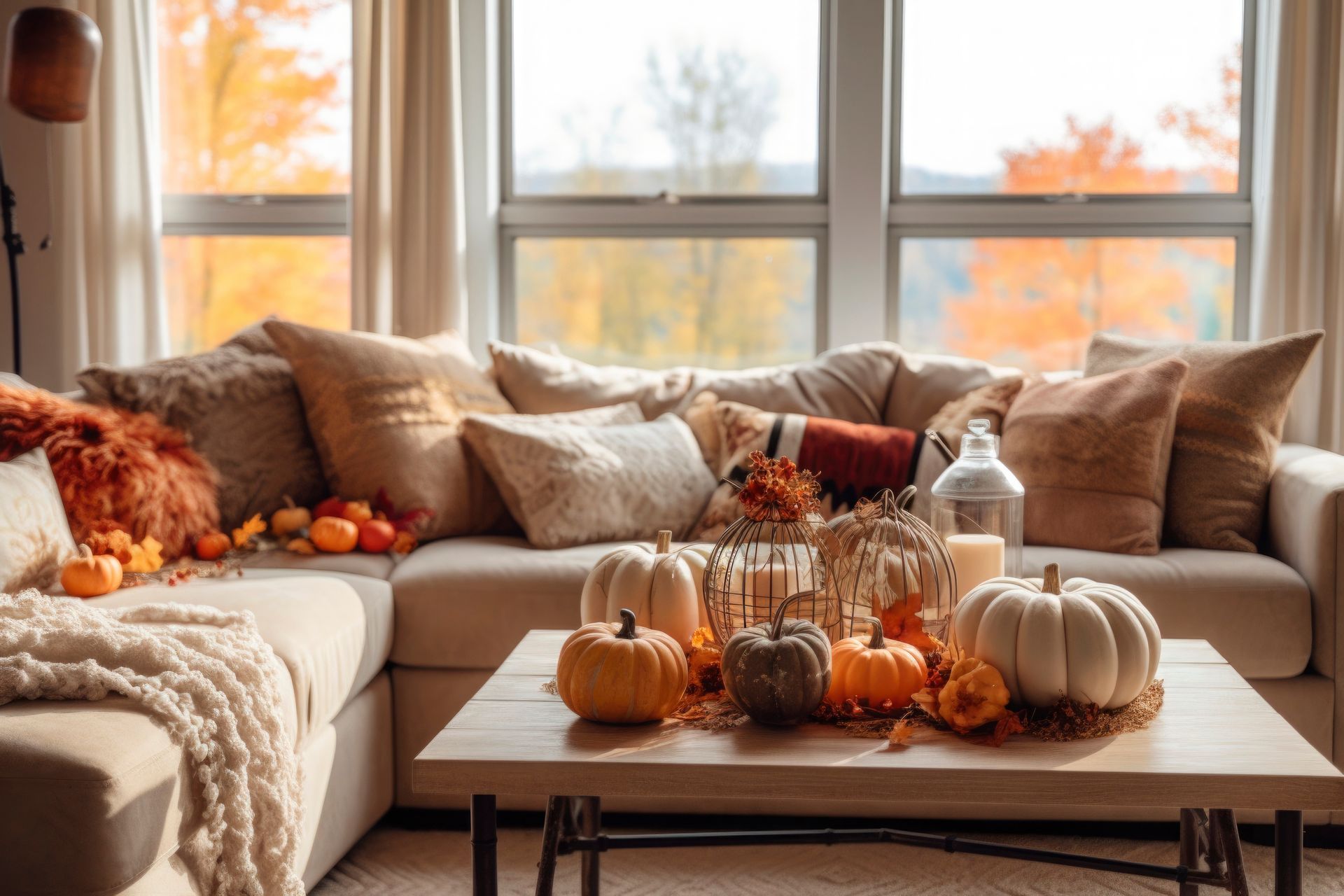 a living room decorated for fall with a couch , table , and pumpkins .