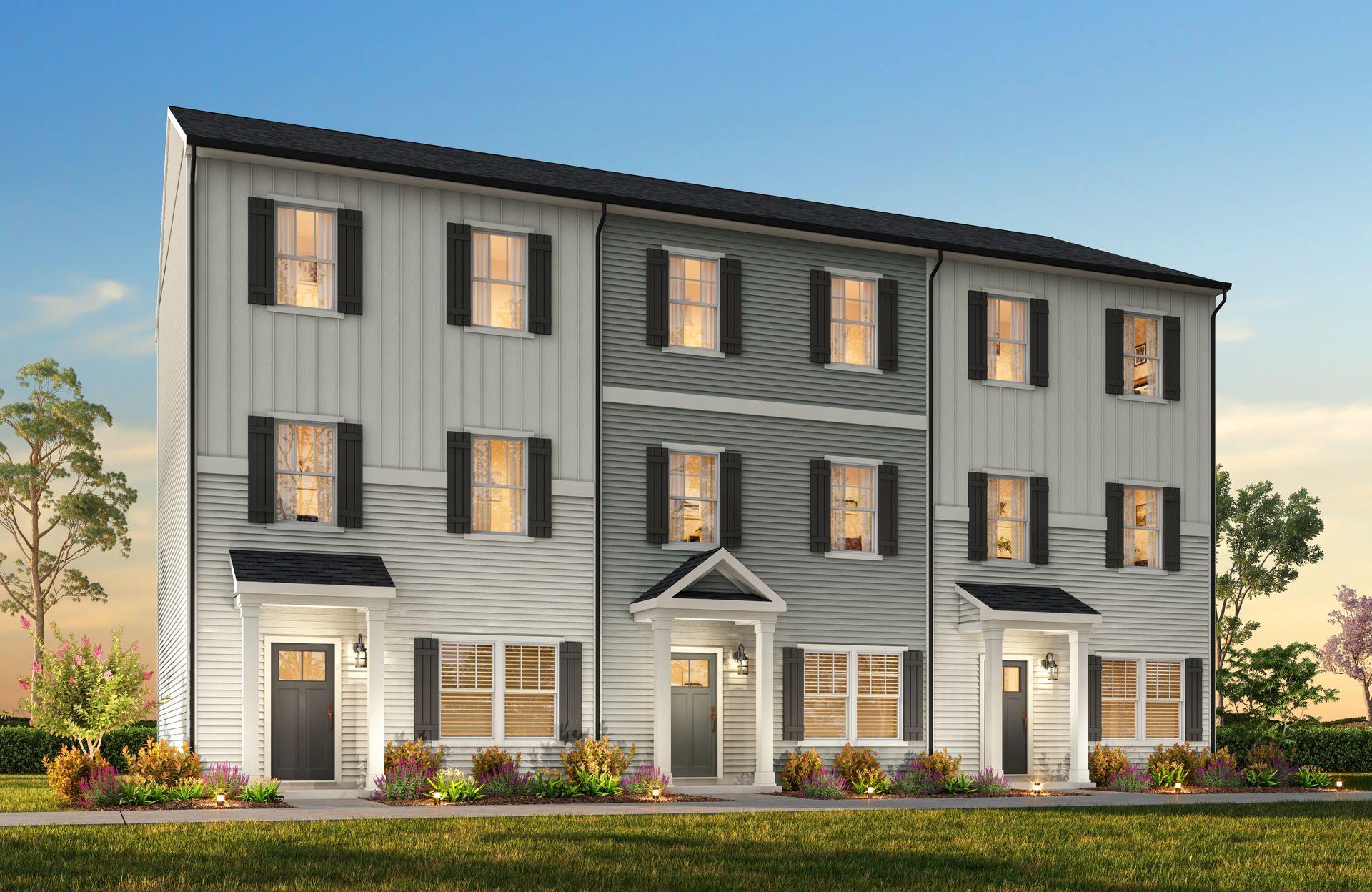 An artist 's impression of a three story apartment building with black shutters.