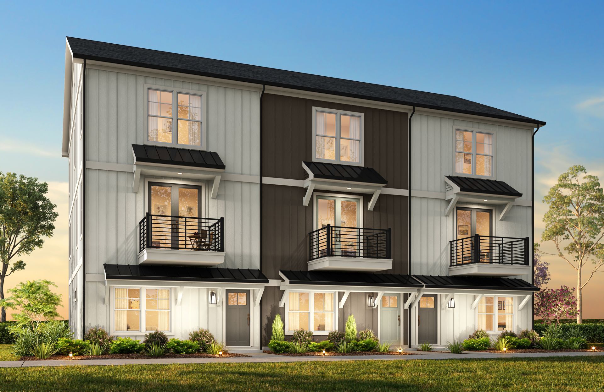 An artist 's impression of a white and brown townhouse with balconies.