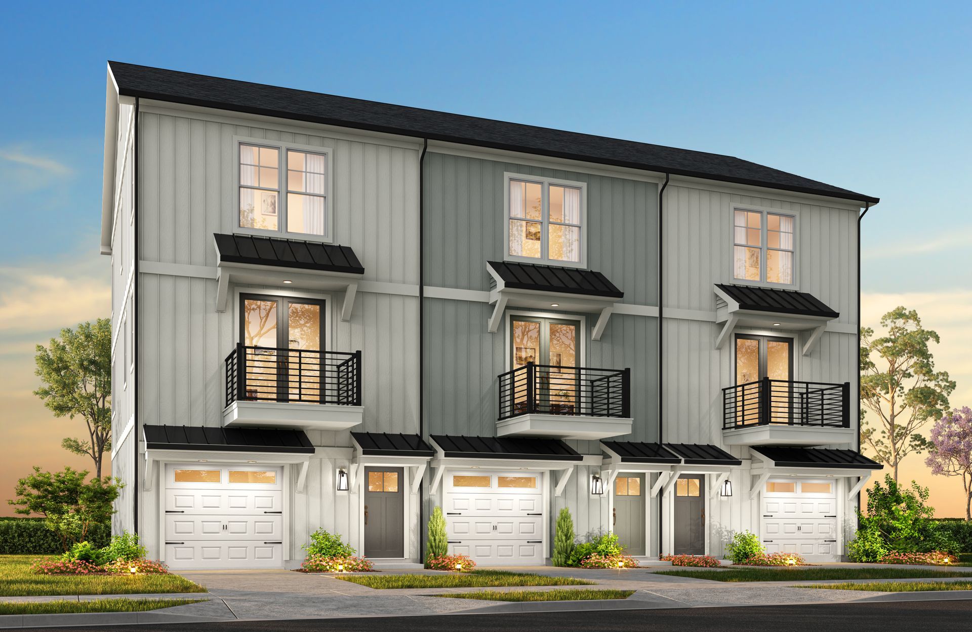 An artist 's impression of a row of townhouses with balconies and garages.