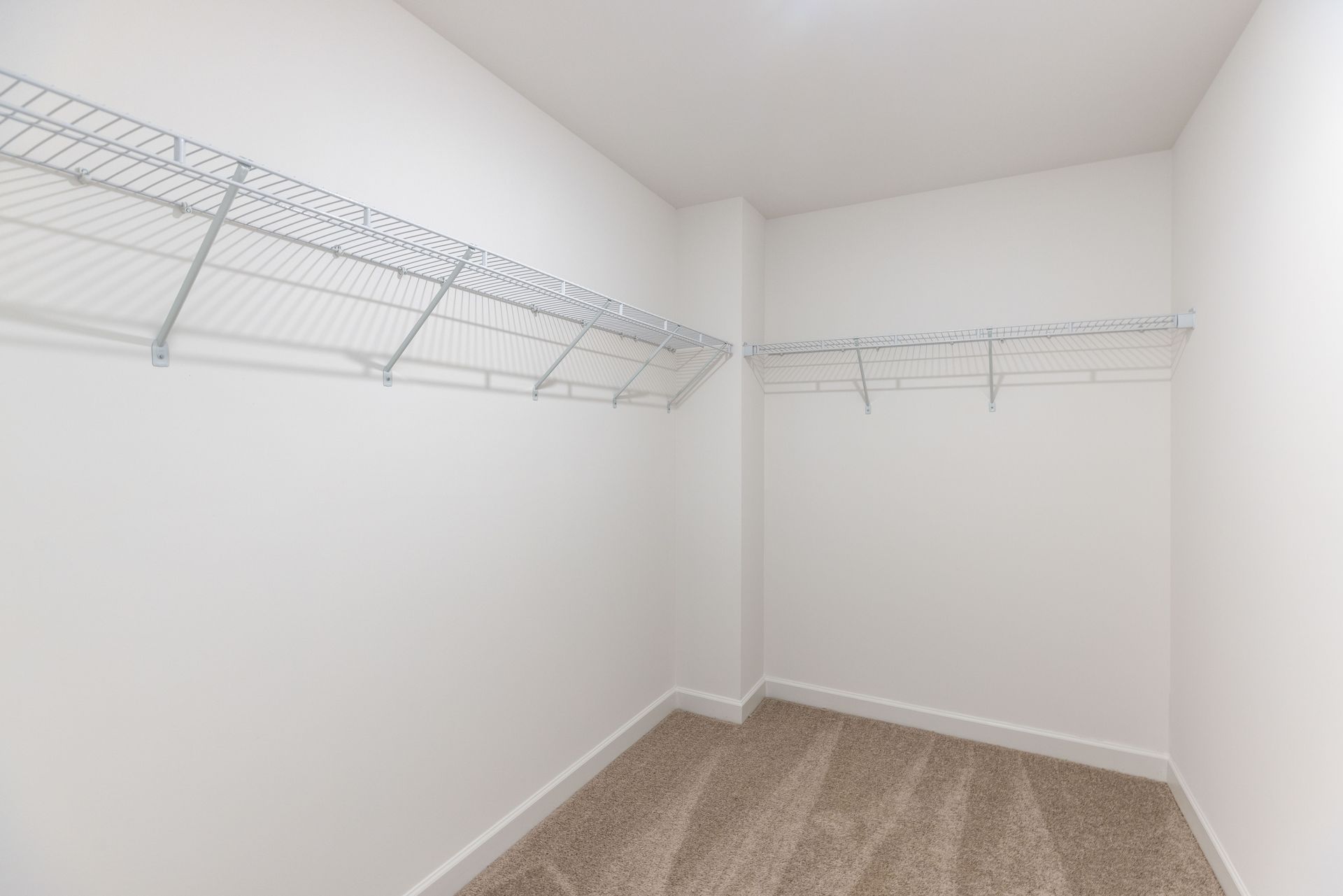 An empty walk in closet with a carpeted floor and wire shelves.