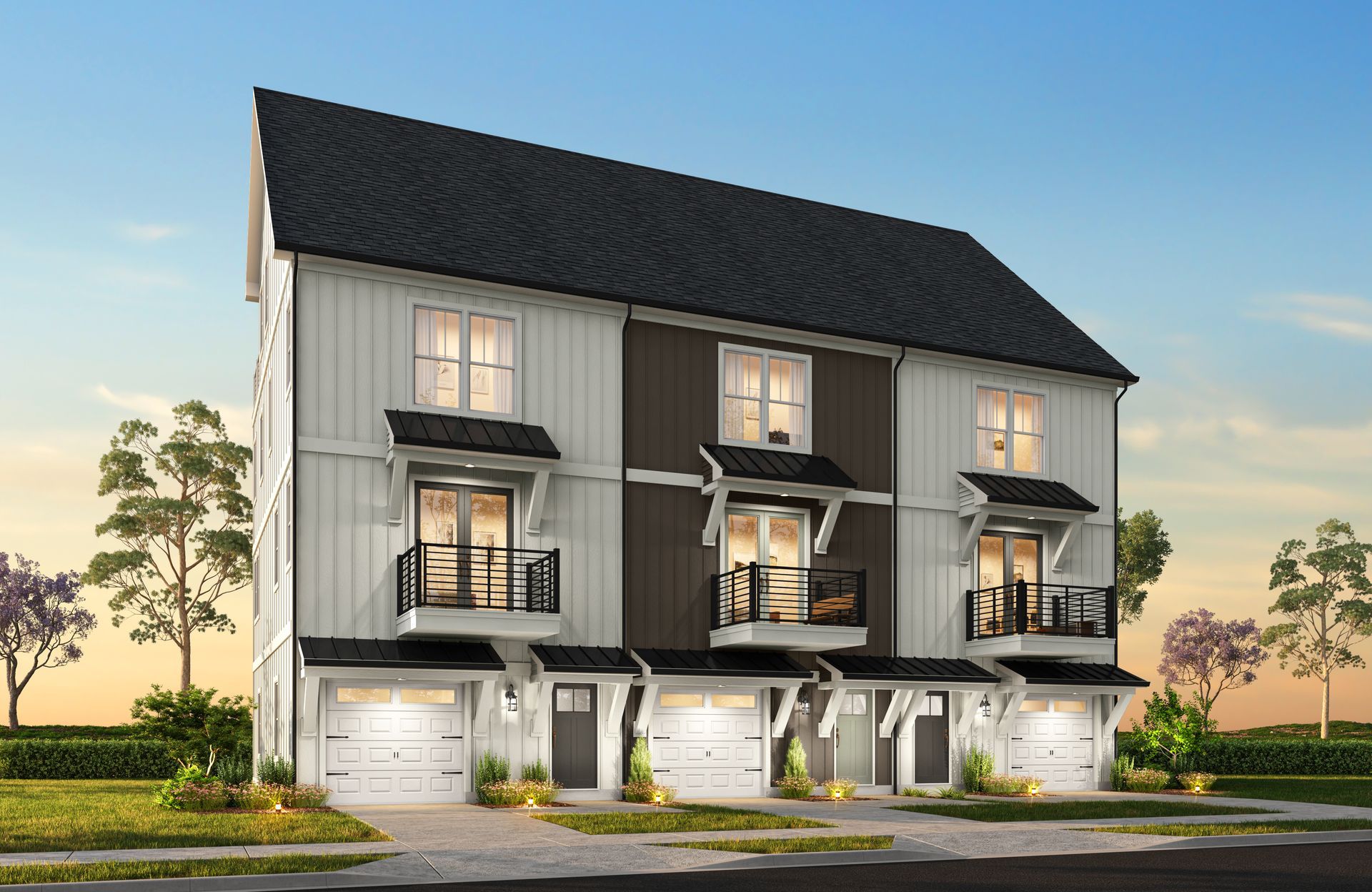 An artist 's impression of a white and brown townhouse with a black roof.