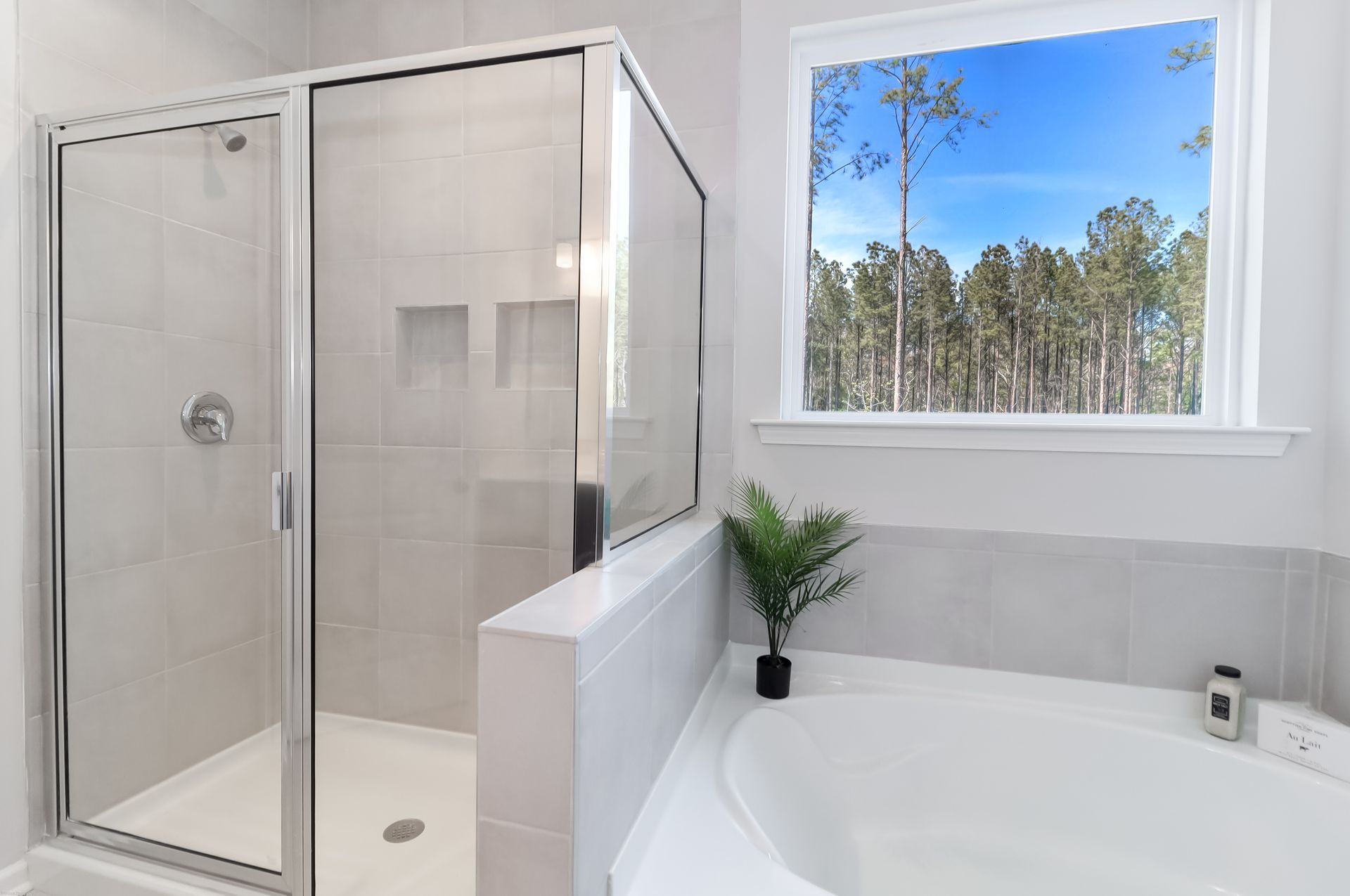 A bathroom with a tub , shower , and window.