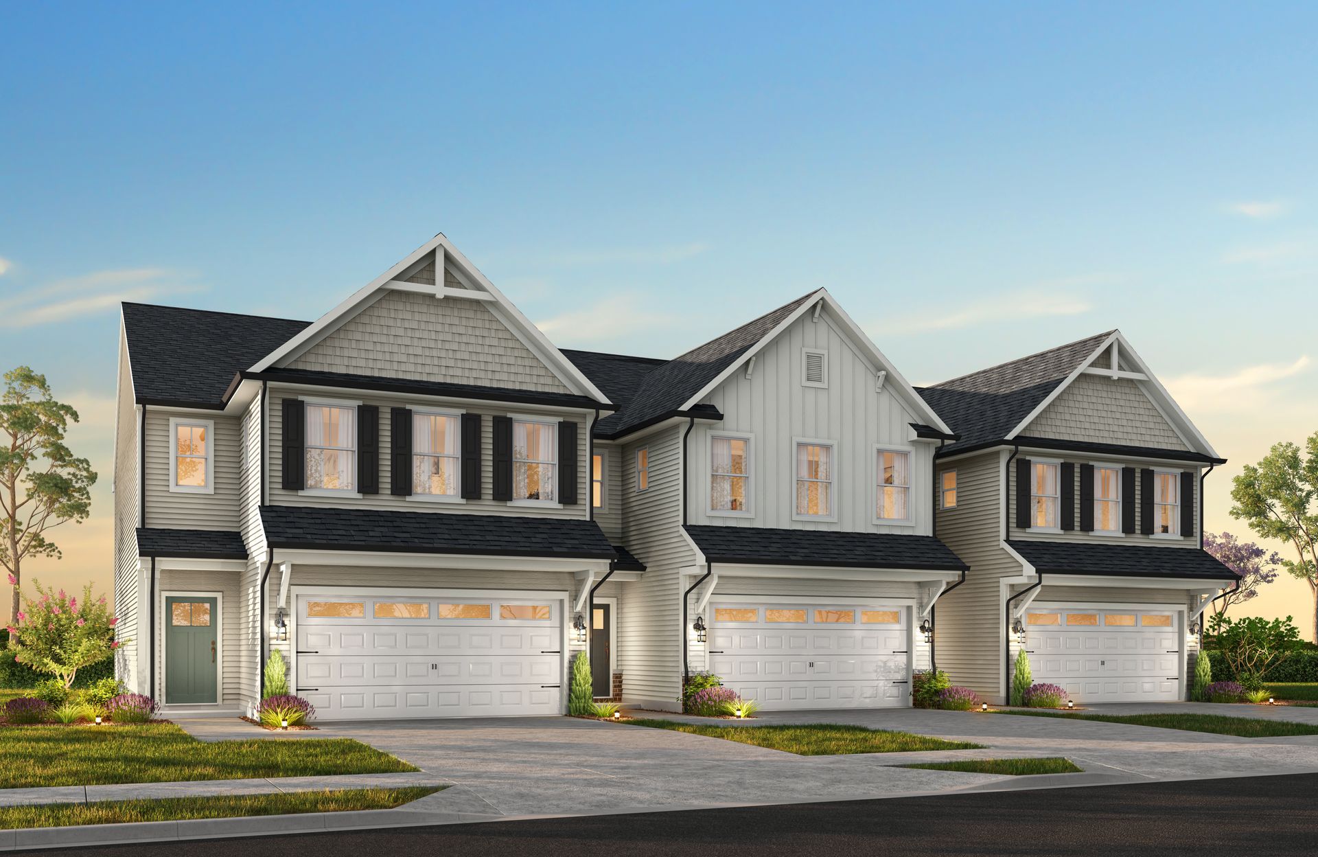 An artist 's impression of a row of houses with garages.