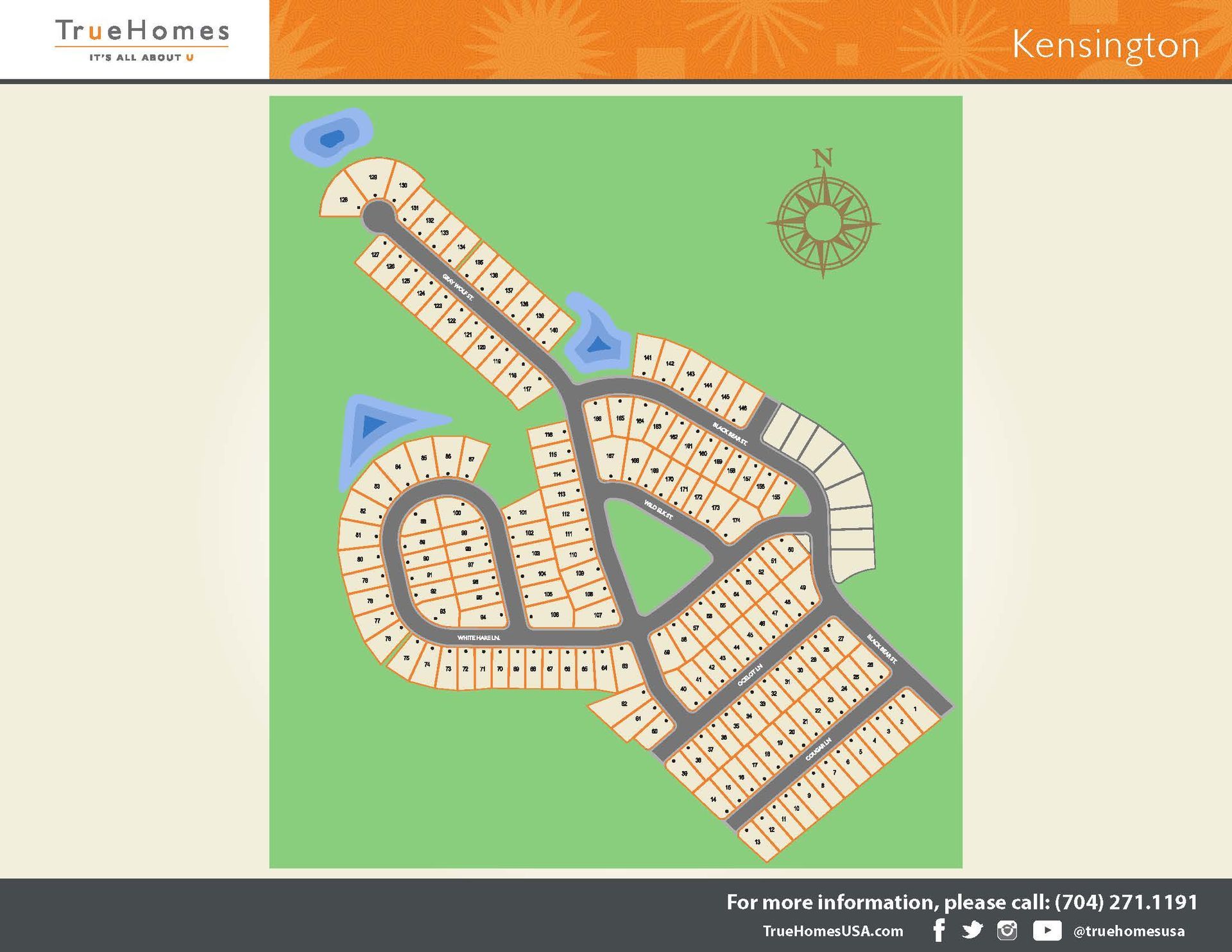 A map of a residential area with a compass pointing to a location.