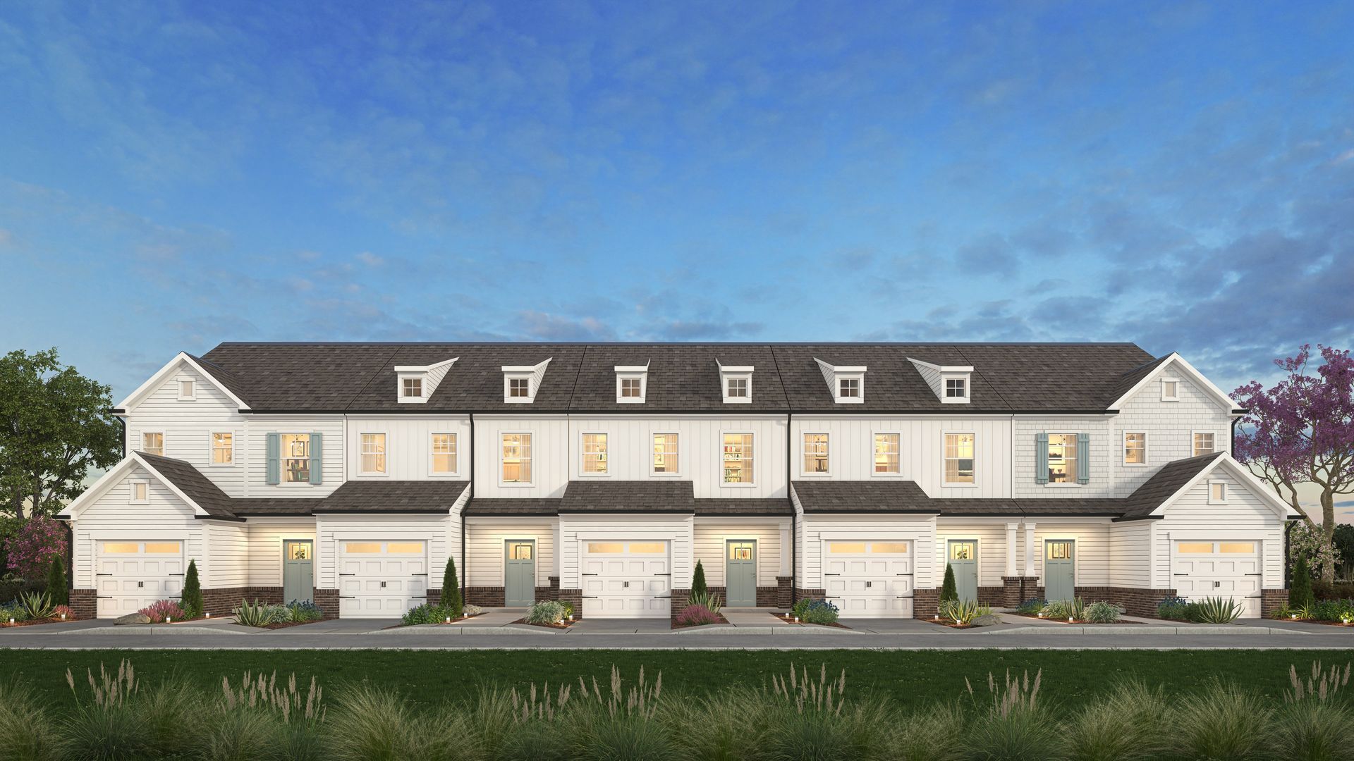 An artist 's impression of a row of white houses with black roofs.