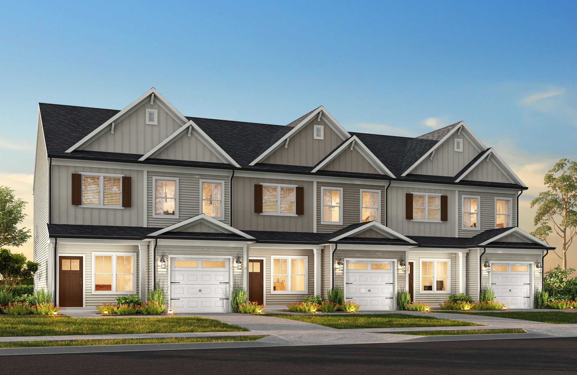 An artist 's impression of a row of houses with garages.