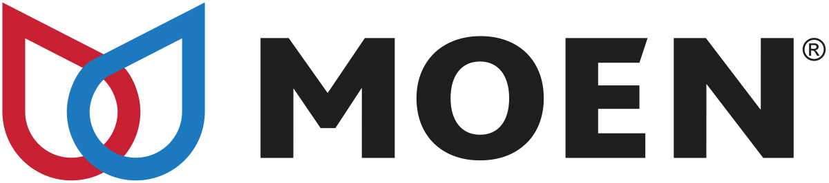 A moen logo with a red and blue swirl on a white background.