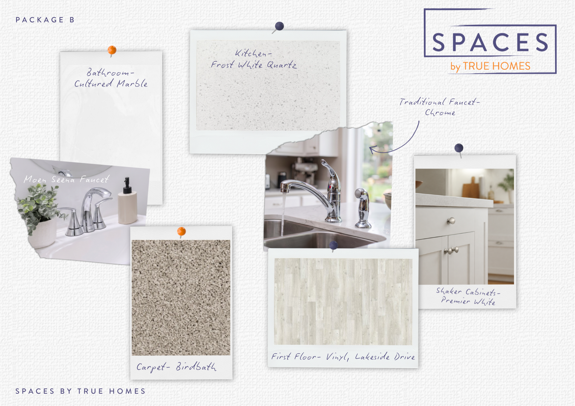 Mood board of neutral interior finishes, fixtures, and a modern kitchen labeled 