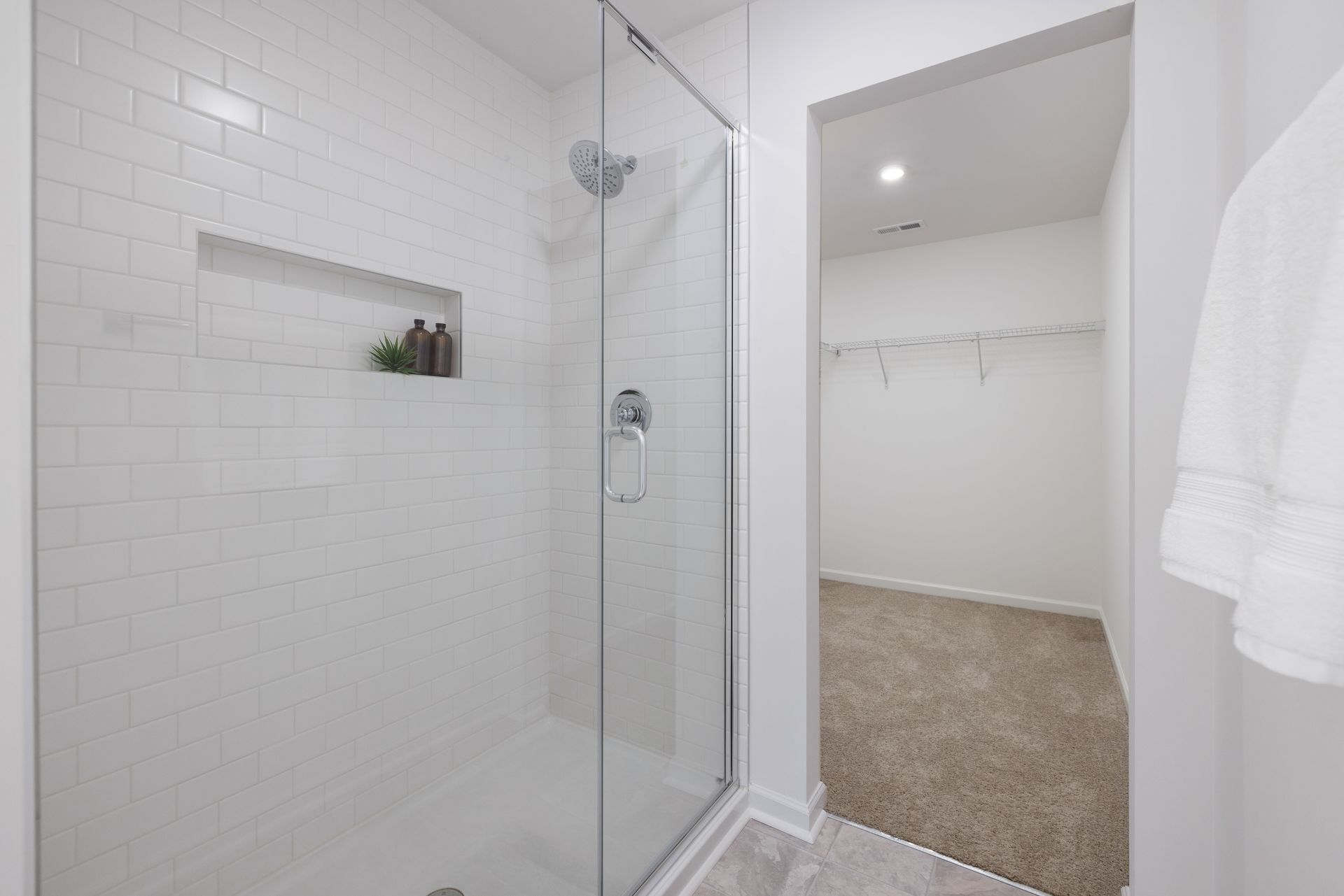A bathroom with a walk in shower and a walk in closet.