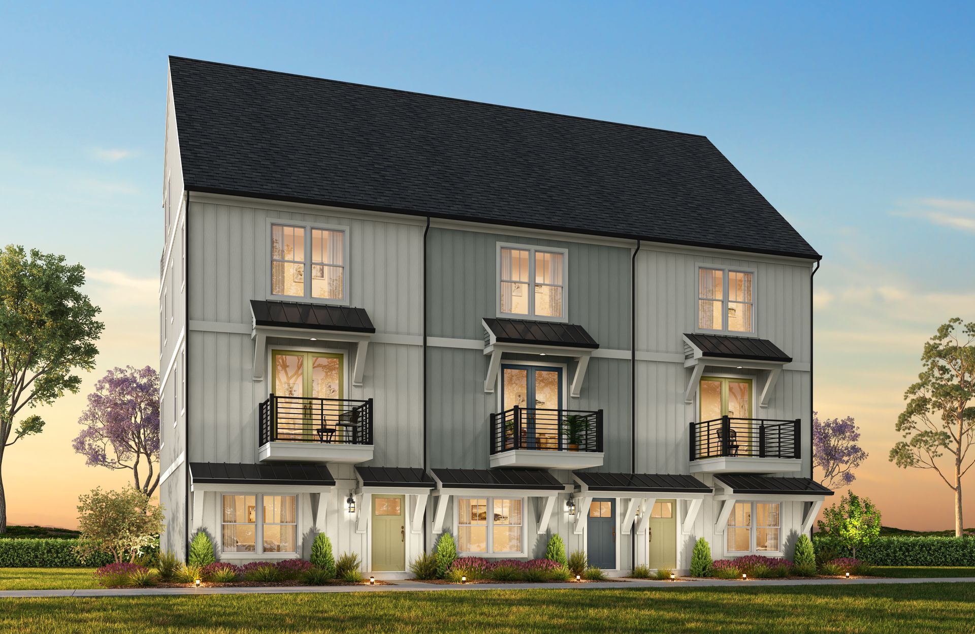 An artist 's impression of a white house with a black roof and balconies.