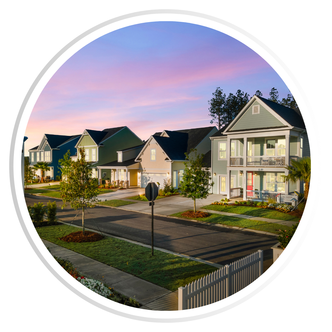 An artist 's impression of a residential neighborhood at sunset