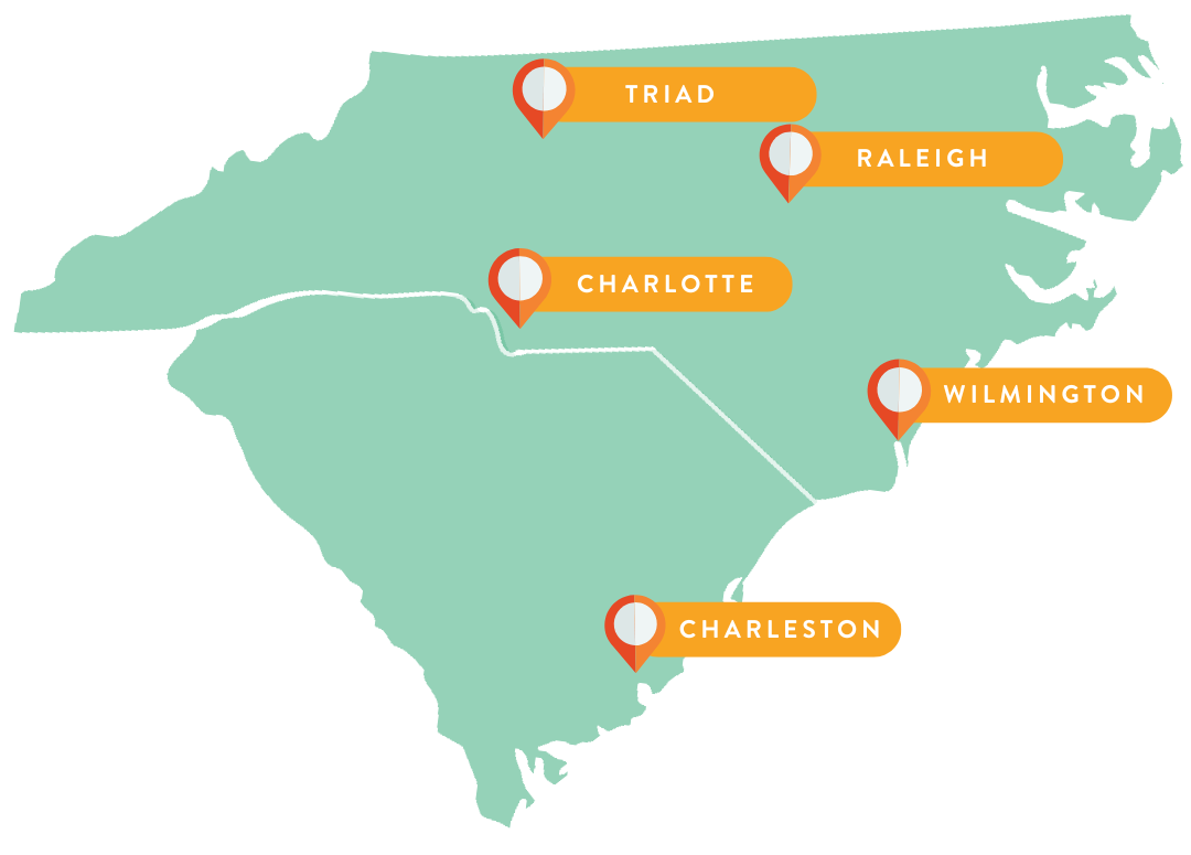 A map of north carolina showing the cities of triad raleigh charlotte and wilmington