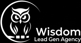The logo for wisdom lead gen agency is white on a black background.