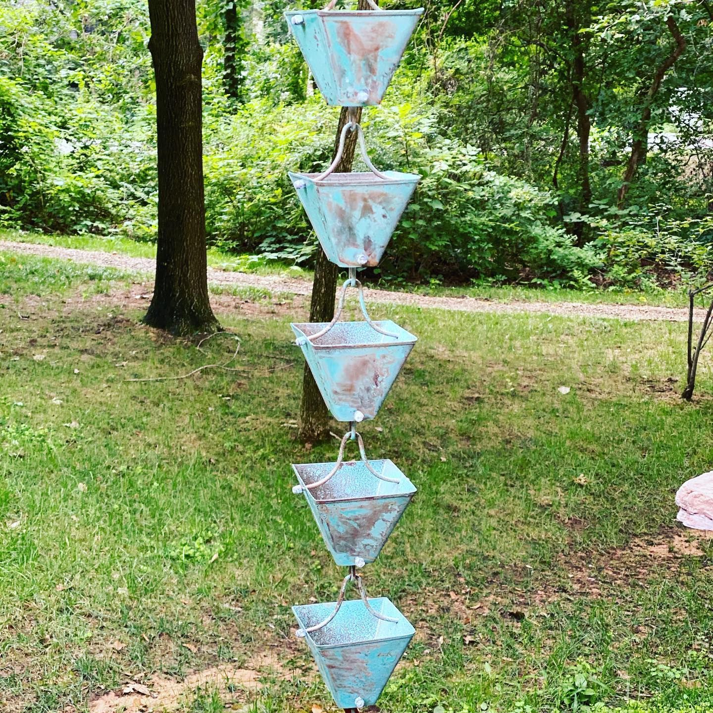 A rain chain is hanging from a tree in a park.