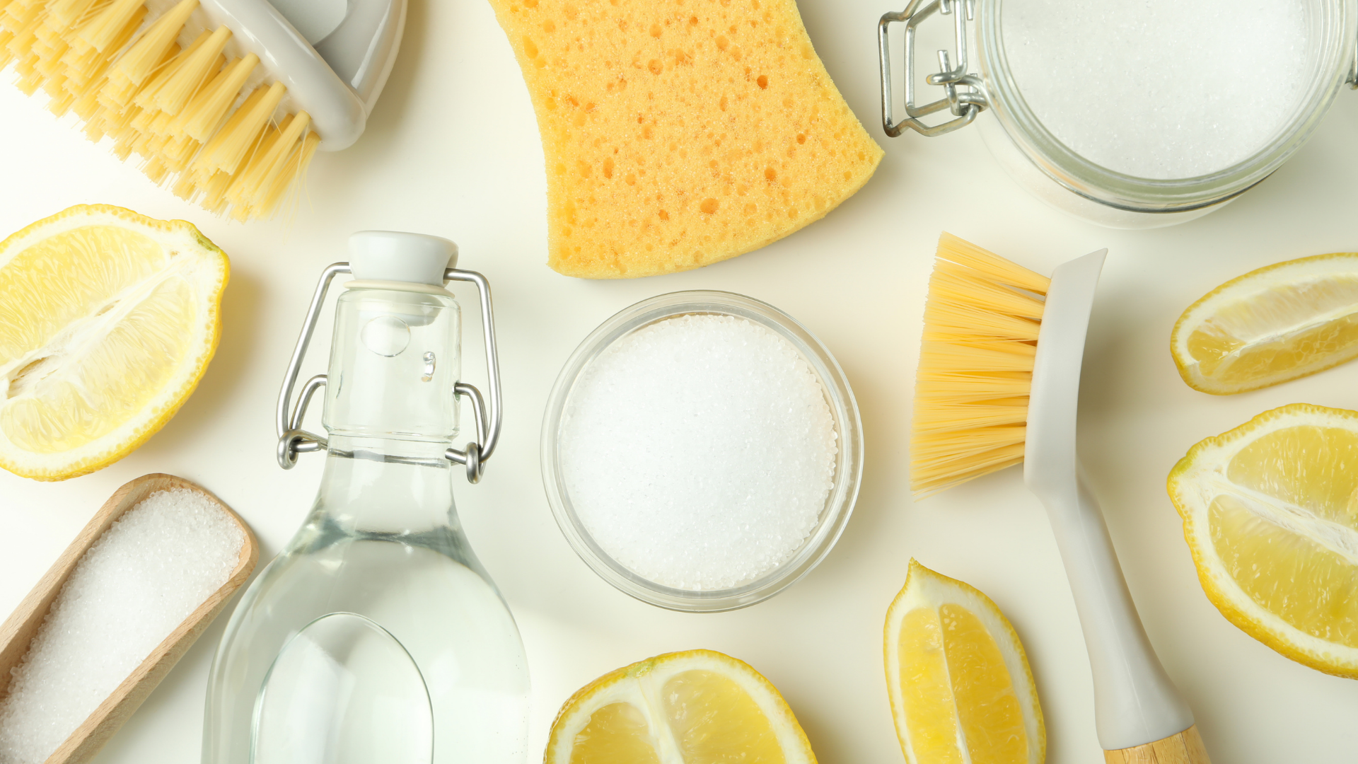 Lemon, vinegar, baking soda, and scrub brushes arranged for cleaning.