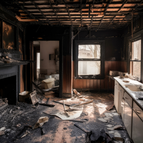 A burnt kitchen with charred walls and debris. Sunlight streams through windows, illuminating the destruction.