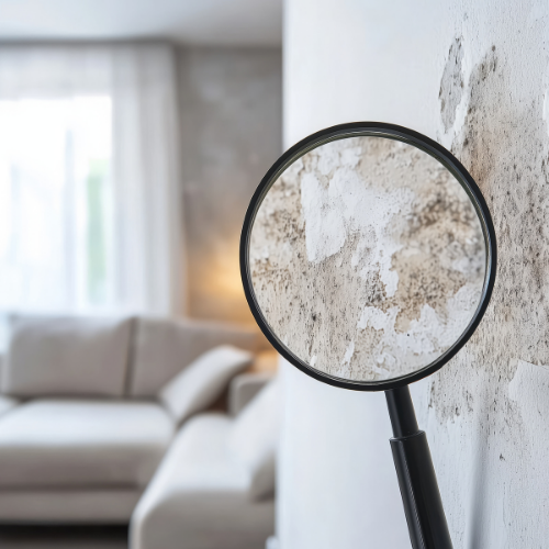 Magnifying glass over moldy wall in a living room with a beige sofa and window.