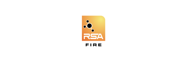 RSA Fire logo: orange square with black dots and text