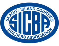 Blue oval logo for Skagit/Island Counties Builders Association (SICBA) with white text.