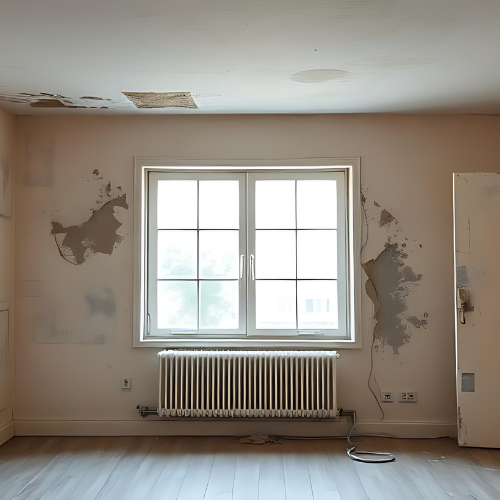 Room with peeling walls, a window above a radiator, and an open door.