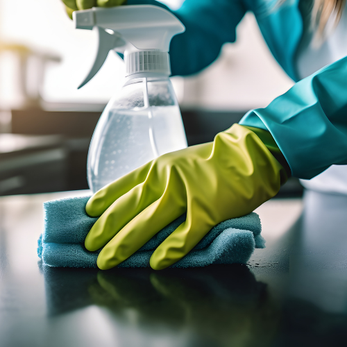 Person wearing green gloves wiping a black surface with a blue cloth, spray bottle nearby.