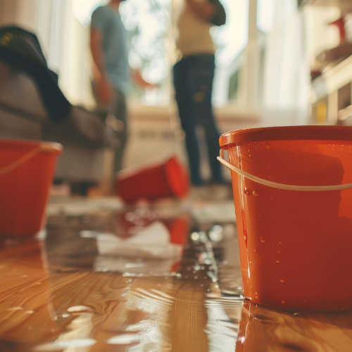 Orange buckets collect water from a flooded wooden floor. Two blurry people stand near a window.