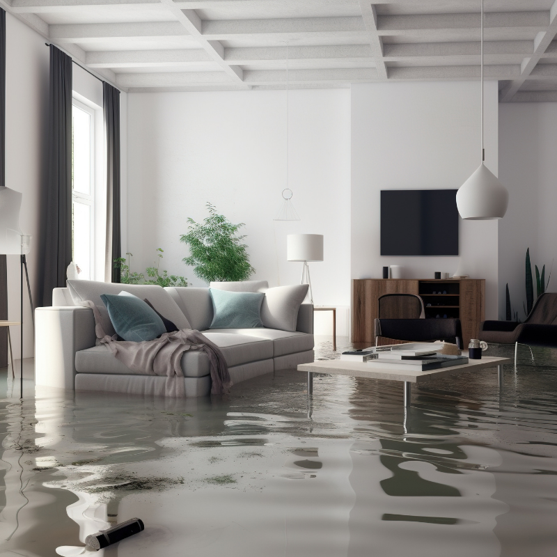 Living room flooded with water; furniture submerged.