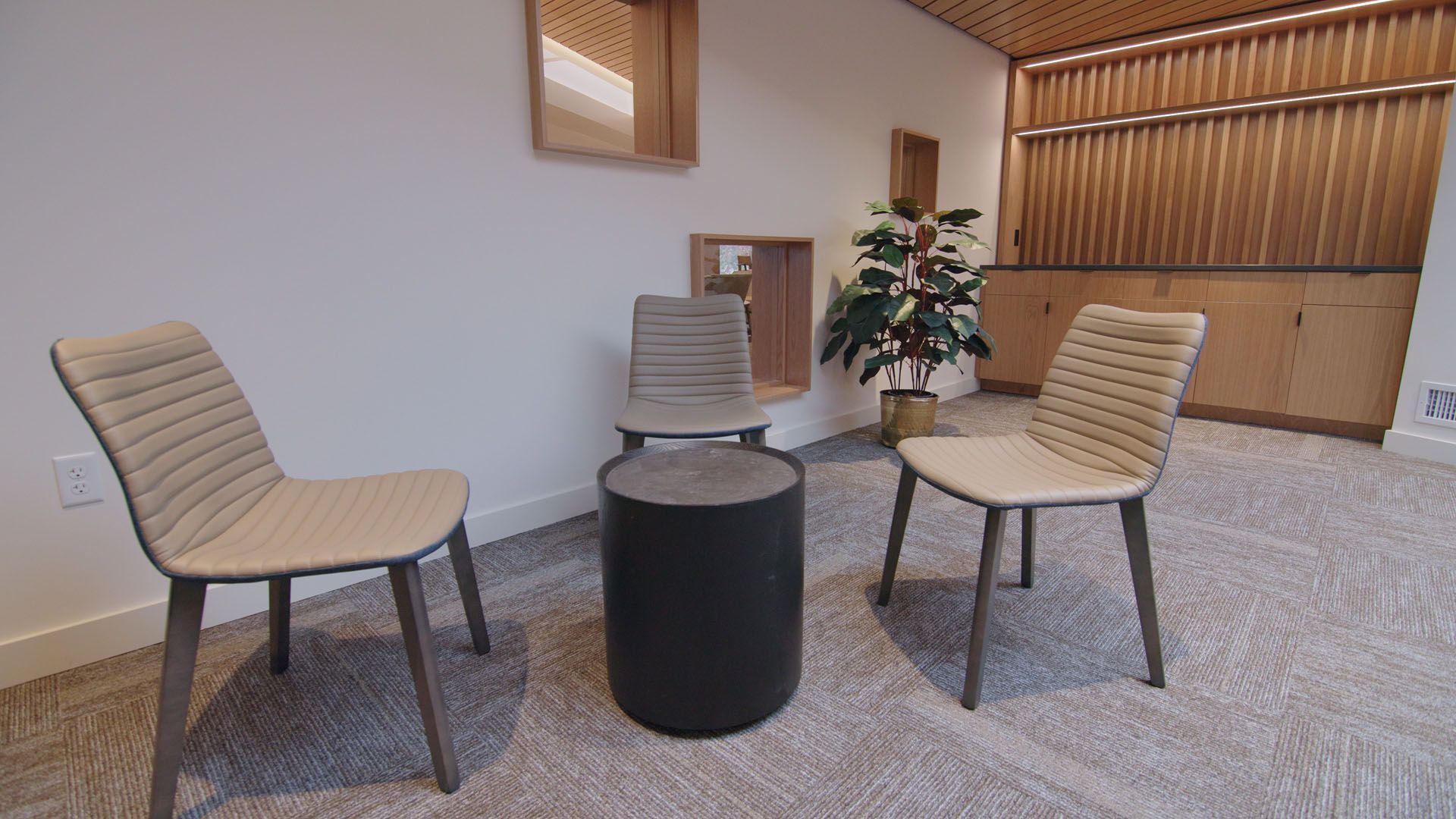 Three chairs and a dark cylinder stool in a light-walled room with wooden accents and a plant.
