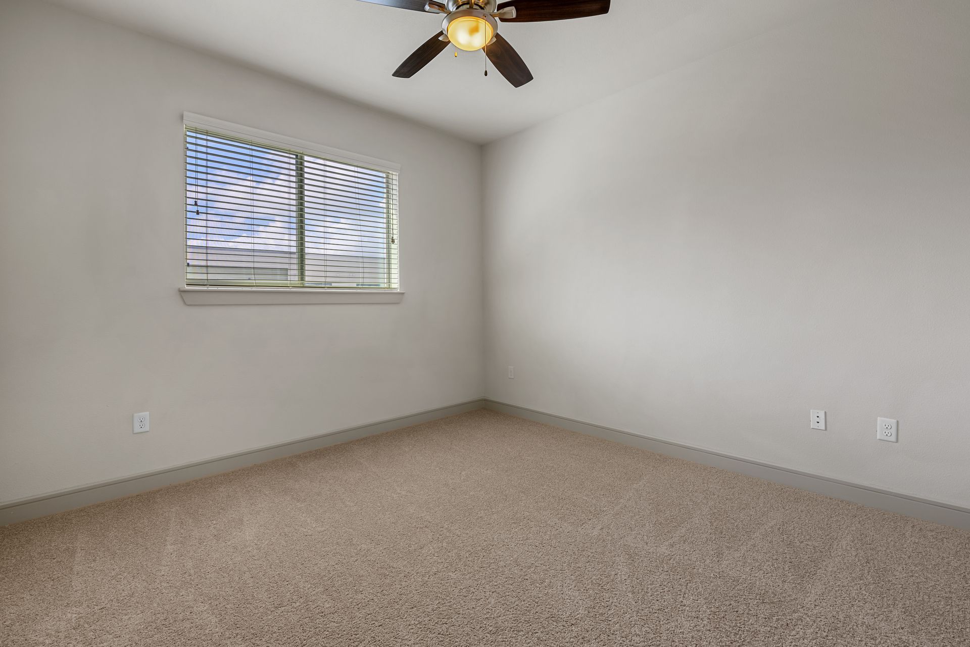 Empty room with beige carpet, light gray walls, a window with blinds, and a ceiling fan.