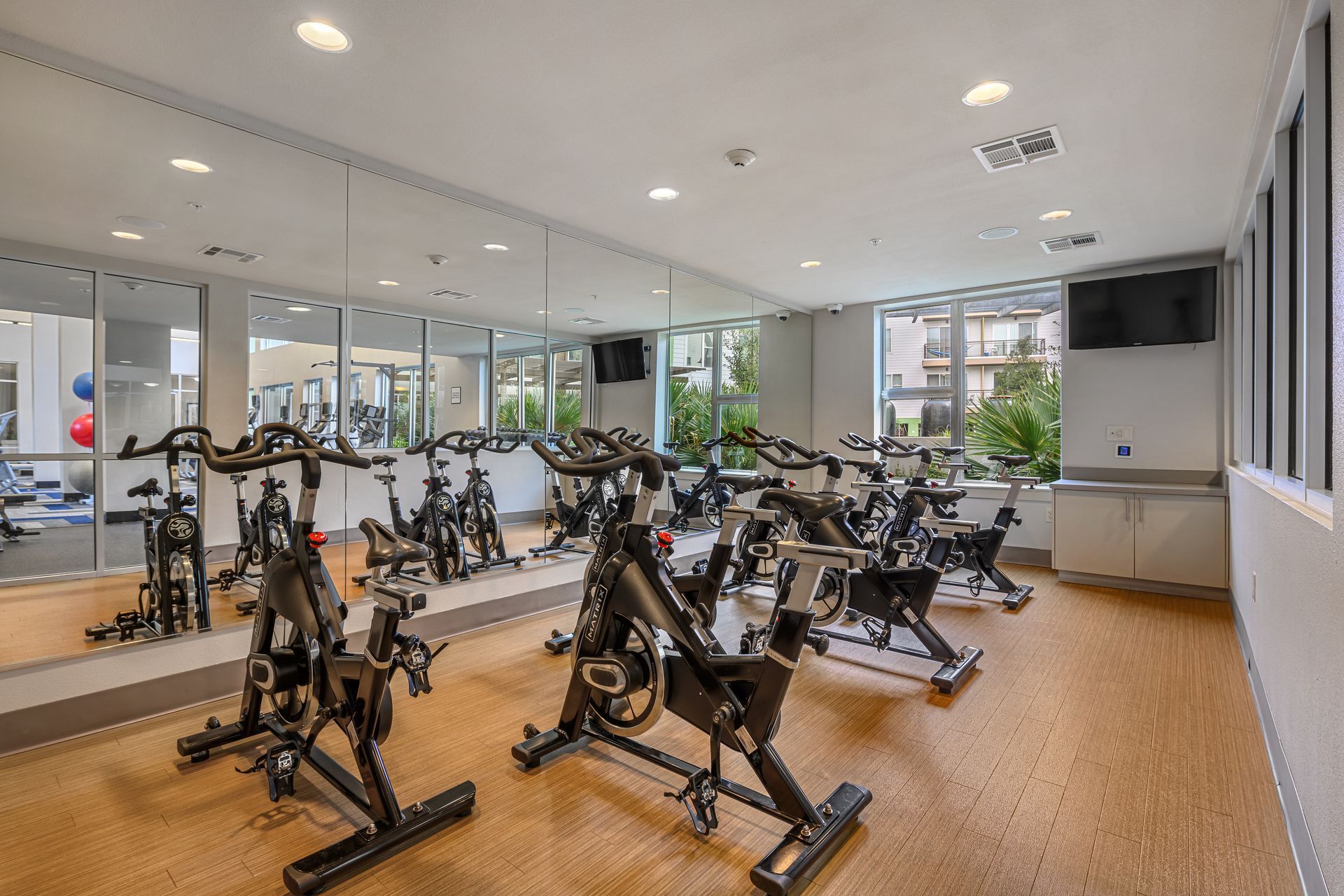 A gym room filled with rows of black stationary exercise bikes in front of a mirrored wall.