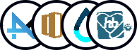 Logotipos: 'A' azul, blocos marrons, gota d'água azul, dados em formato de coração com roda dentada.