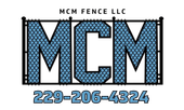 MCM Fence LLC logo with blue chain-link fence background and phone number 229-206-4324