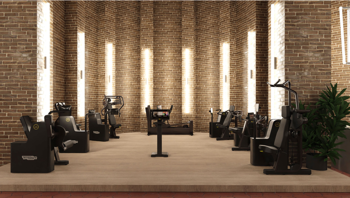 Er is een blauwe baan in het midden van de gymzaal.