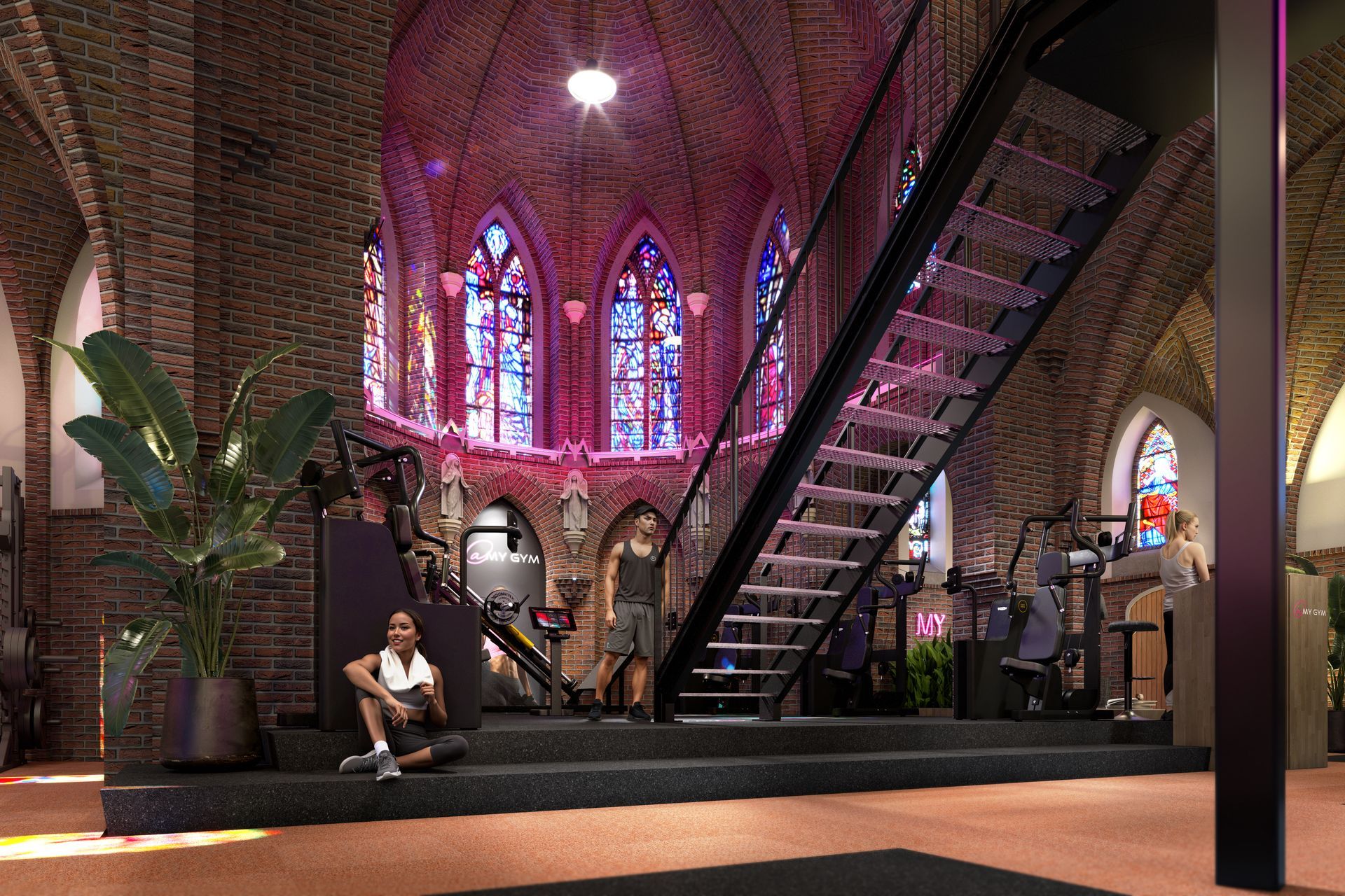 Een sportschool met veel fitnessapparatuur en een neonbord met de tekst cardio.