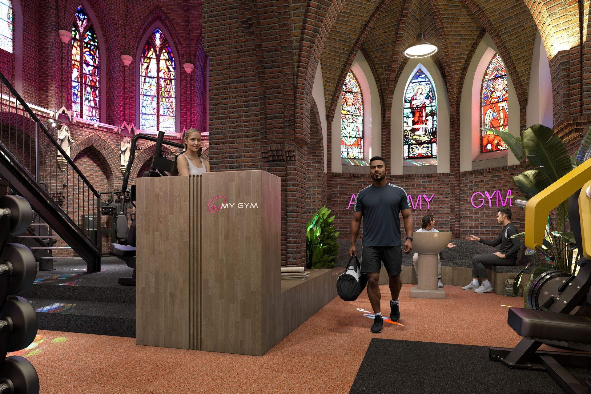 Een sportschool vol met fitnessapparatuur en paarse lichten.